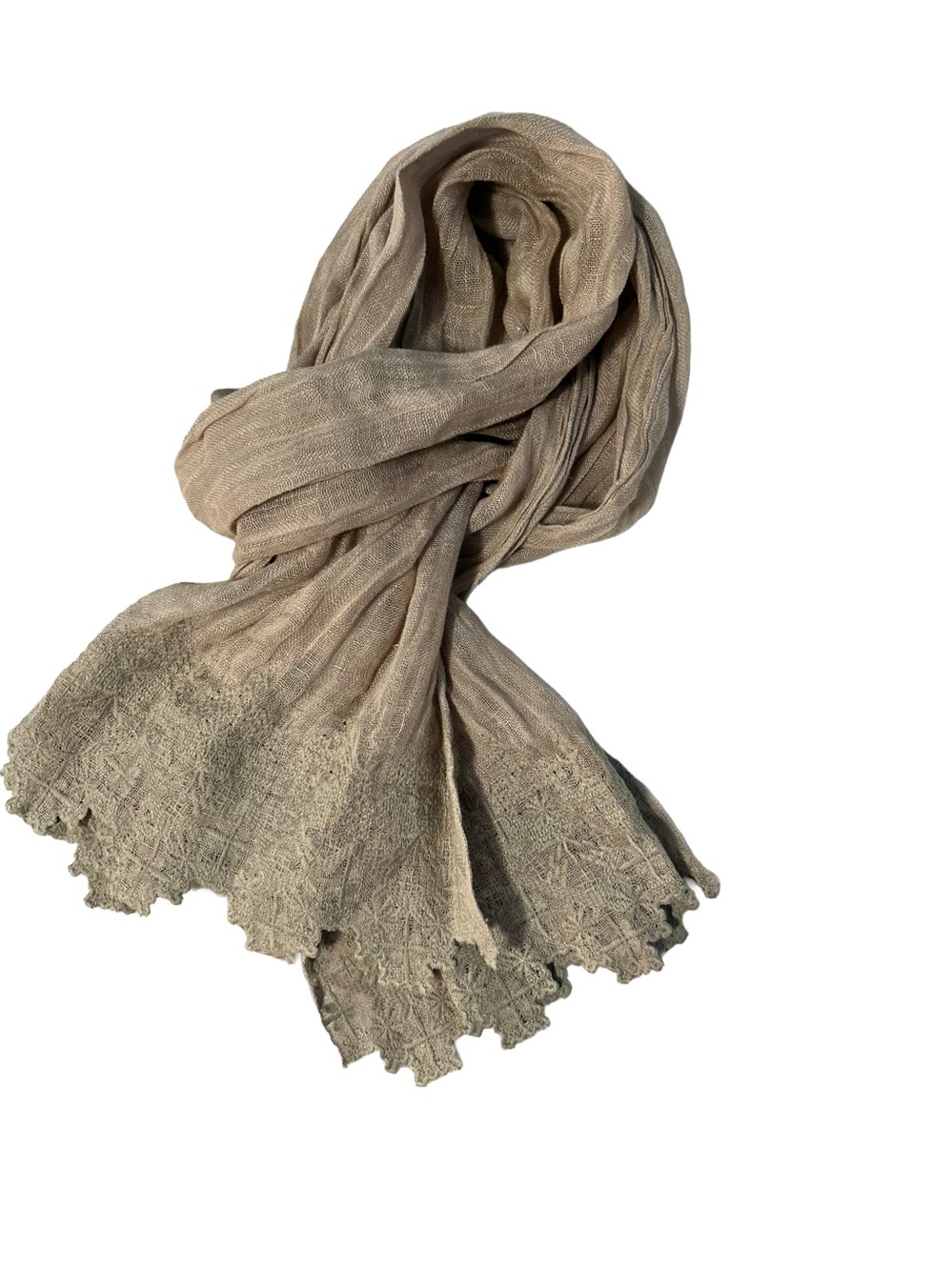 Lucky Brand XL-long linen scarf beige taupe tonal embroidery
